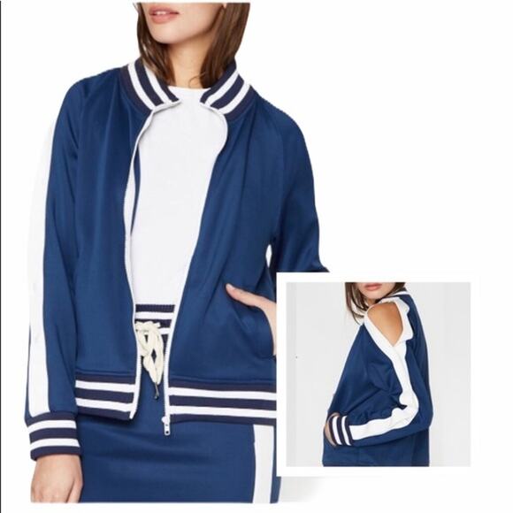 Pam & Gela Track Jacket Lightweight Zip Up Cold Shoulder Blue White Women's Sz S - Picture 1 of 10